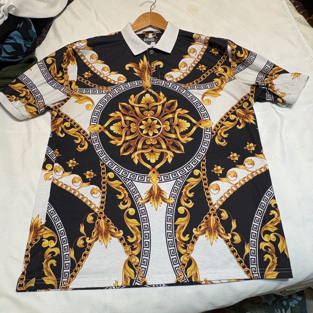 Suslo Couture Mens 2XL Baroque Chain Print Polo Shirt Black Gold White Medallion